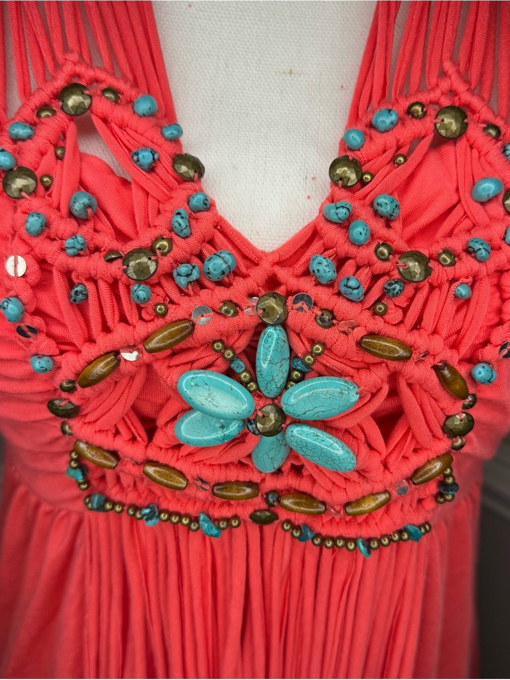 Boston Proper Bright Coral Knit Top w/ Beading and Fringe Size S Like New - Picture 2 of 6